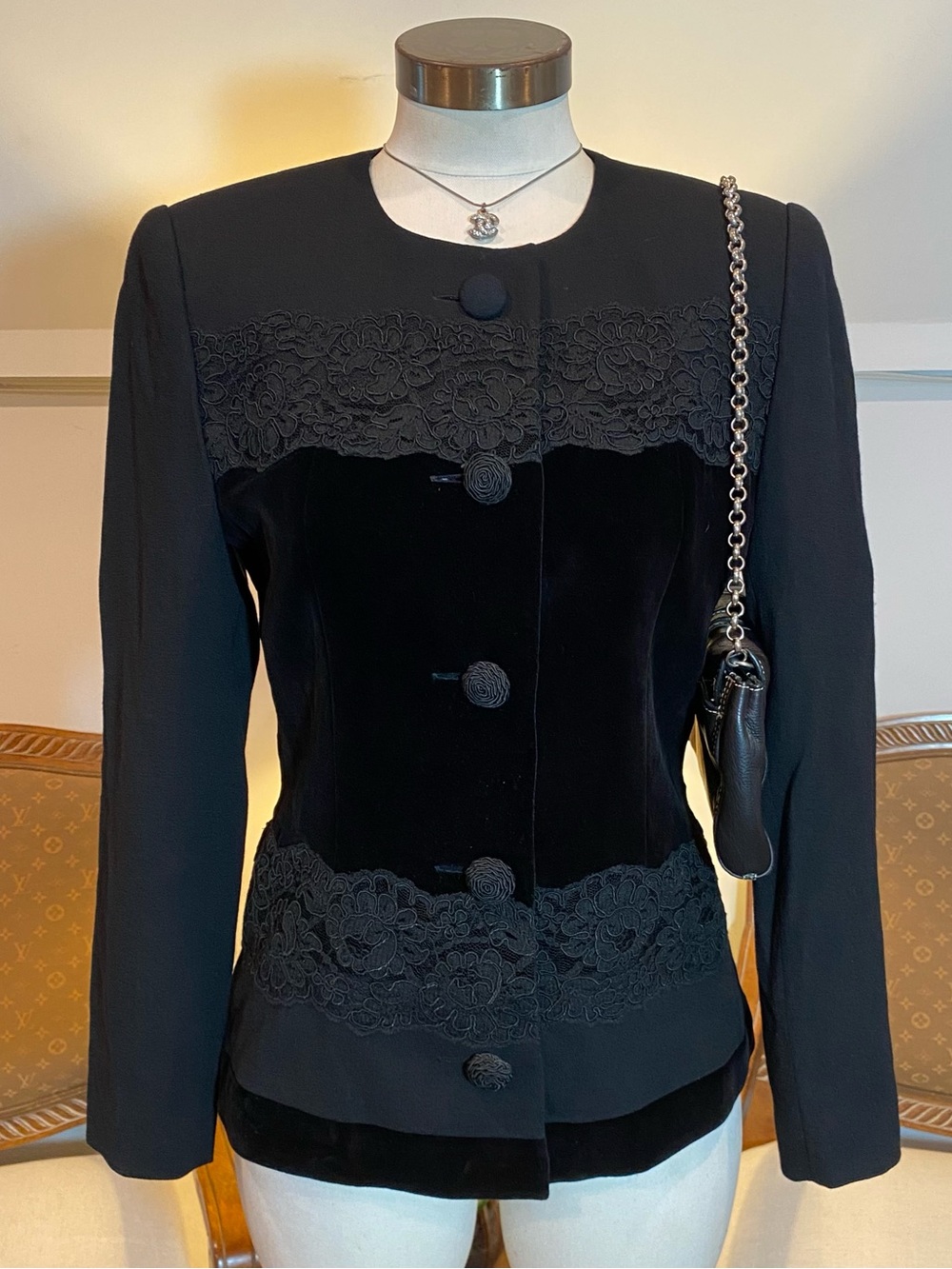 Vintage 90s Black Wool Velvet Jacket S with Lace Details Ricki Freeman Gothic